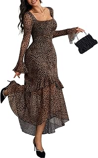 GothDark Women's Floral Mesh Square Neck Fall Wedding Guest Maxi Dress | Elegant Bell Sleeve, Double Layer, A-Line Ruffle Hem, Soft Stretchy Fabric for Party, Evening, Going Out, Casual Wear