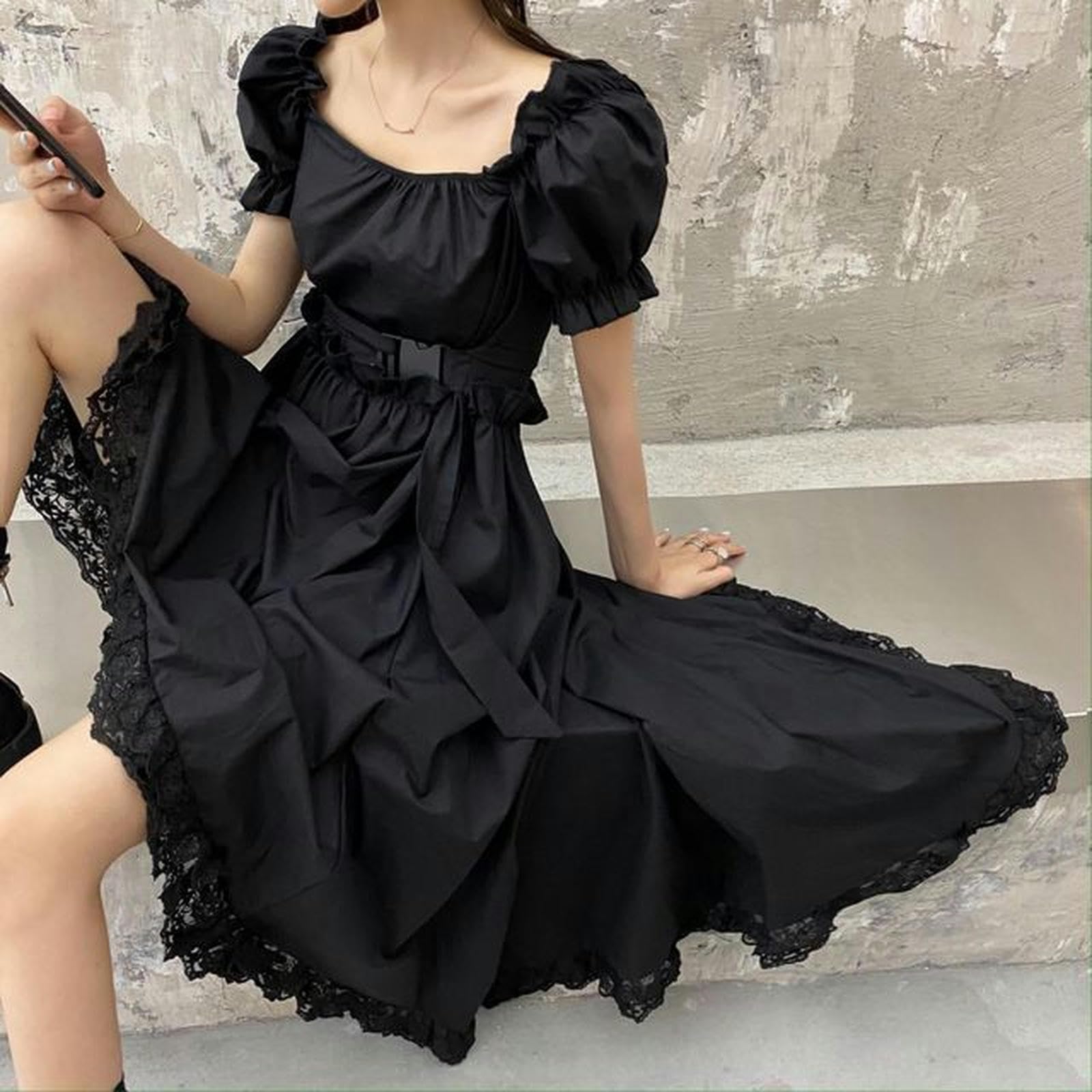 Cabule Girls Fabric Style Black1 Harajuku Dress Ruffled Hepburn Kawaii Irregular Black Gothic Dress Mini Lolita Tank Top-M
