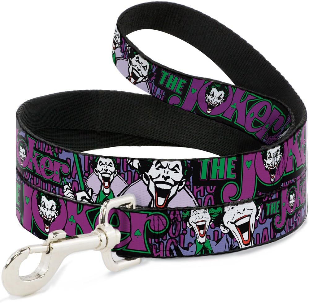 Buckle-Down Pet Leash - Joker Face/Logo/Spades Black/Green/Purple - 4 Feet Long - 1.5" Wide
