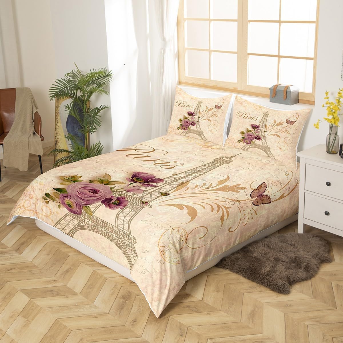 Eiffel Tower Duvet Cover Queen Size,Purple Rose Comforter Cover with 2 Pillowcase for Teens Adults,Kids Romantic Paris Bedding Set,Retro Style Breathable 3 Pieces Decorative Bed Cover(No Comforter)