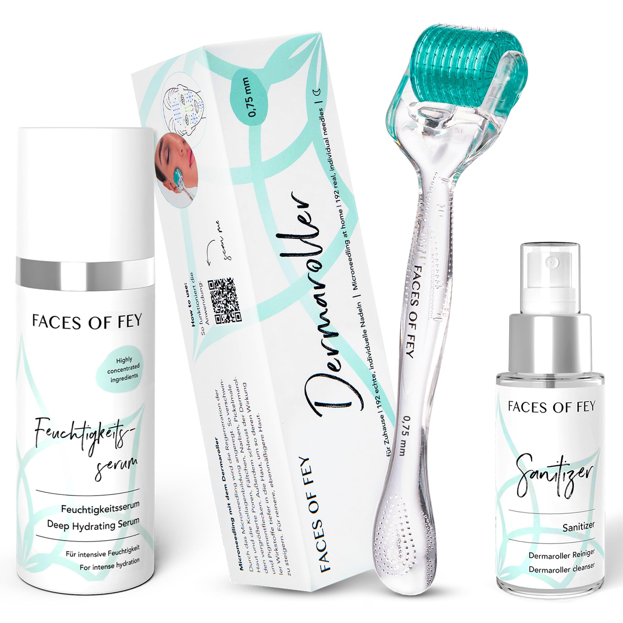 FACES OF FEY Derma roller – 192 prawdziwe igły – profesjonalny mikronakłuwanie do domu – wałek igłowy (zestaw hialuronowy 0,75 mm)