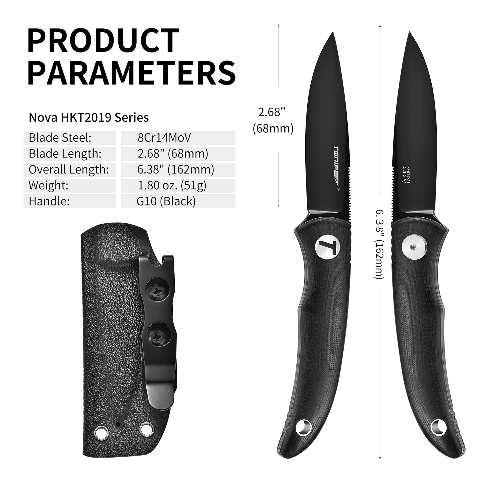 TONIFE Nova 2.68'' Blade Mini Neck Knife Knife Full Tang Fixed Blade Knife with Kydex Sheath and Adjustable Paracord Lanyard for Camping Outdoor Survival Tool (Black+Black Titanium)