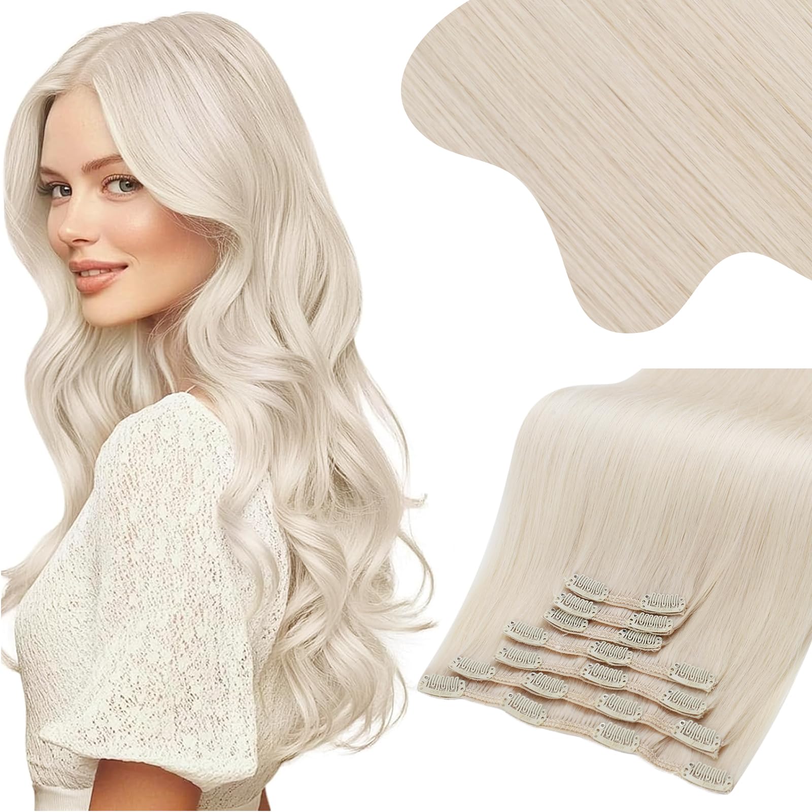 Moresoo Human Hair Extensions Clip in Real Hair Ash Blonde with Bleached Blonde Clip in Hair Extensions Remy Human Mid-length Hair Layered Add Volume 14 Inch 5pcs/80g #P18/613 — view 23