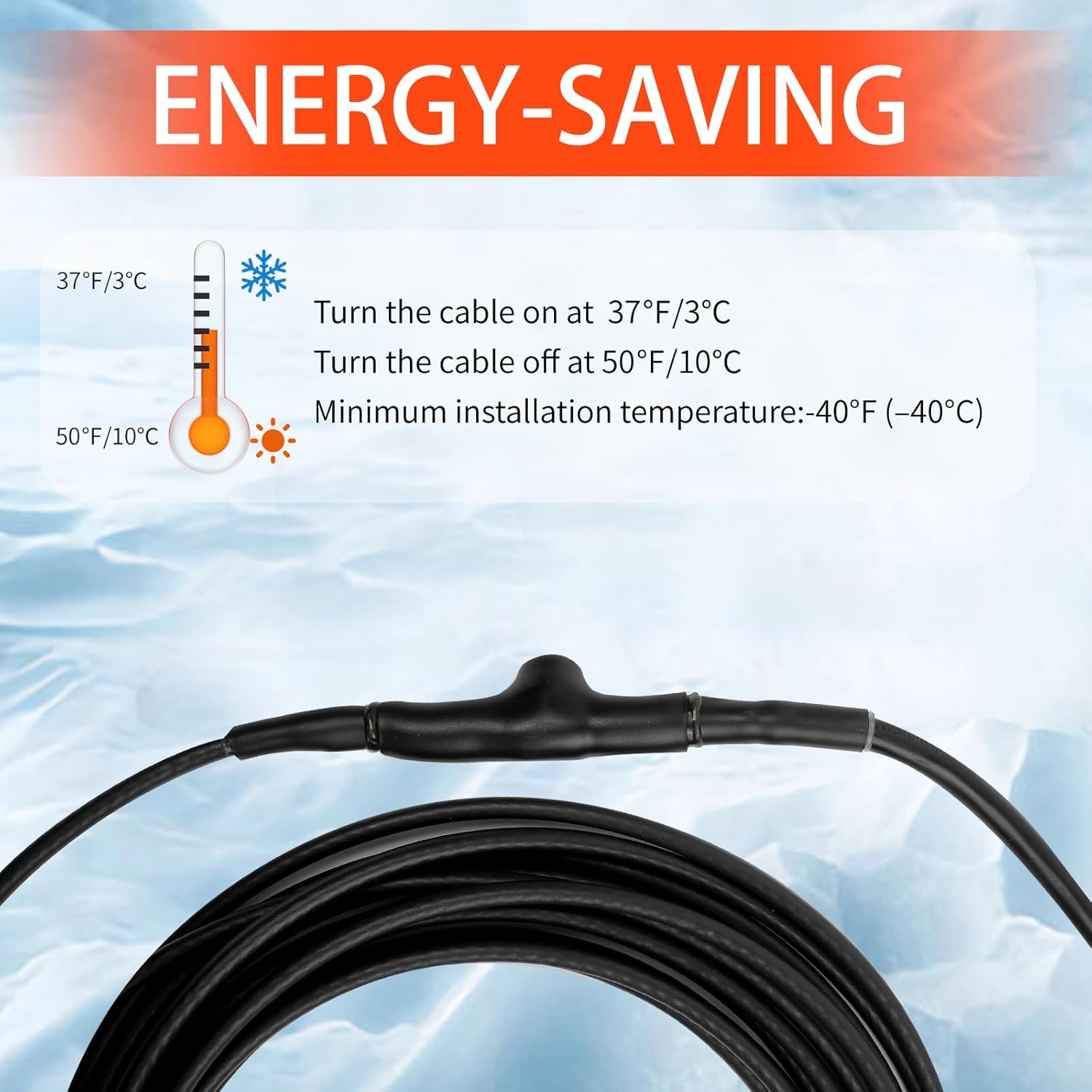 HEATIT 50ft Self-Regulating Heat Tape, 120V 8W/ft Roof & Gutter & Pipes Heating Cable with Thermostat and 10ft Lighted Plug, De-Icing Cable for Ice Dam Prevention & Freeze Protection，ETL Listed
