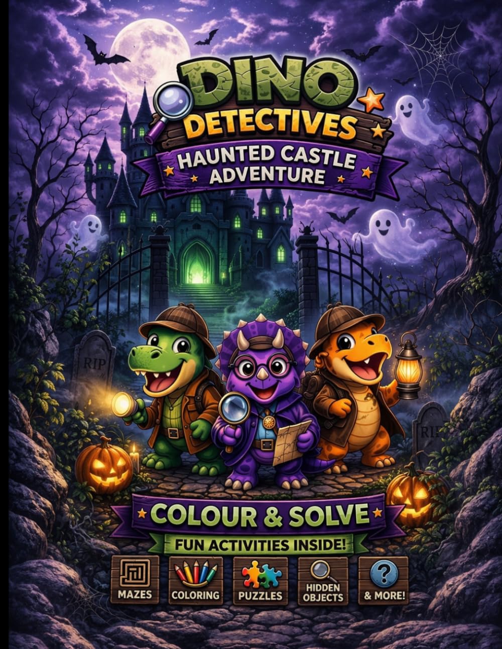 Dino Detectives: Haunted Castle Adventure: Colour, Trace, Maze & More. Fun activity book for kids aged 4+