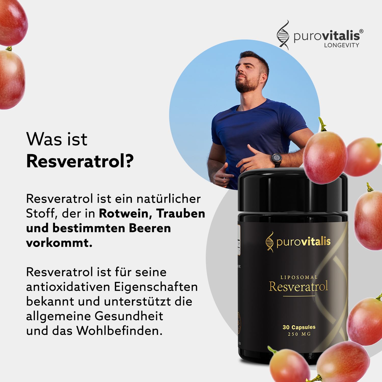 PUROVITALIS Liposomales Trans-Resveratrol 250mg, mikronisiert, 30 Kapseln | Hochreines Antioxidans aus Staudenknöterich, 99% rein; Herzgesundheit; 1-Monatsvorrat, glutenfrei, GMP, vegan