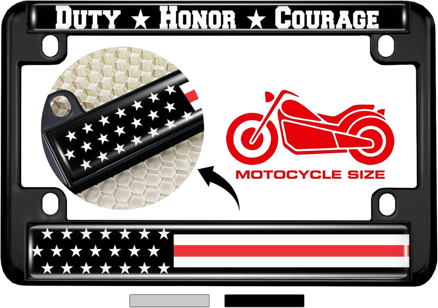 Motorcycle Metal License Plate Frame with Support Firefighters Duty Honor Courage Fire Service Thin Red Line (Stripe) USA Flag Design - Black