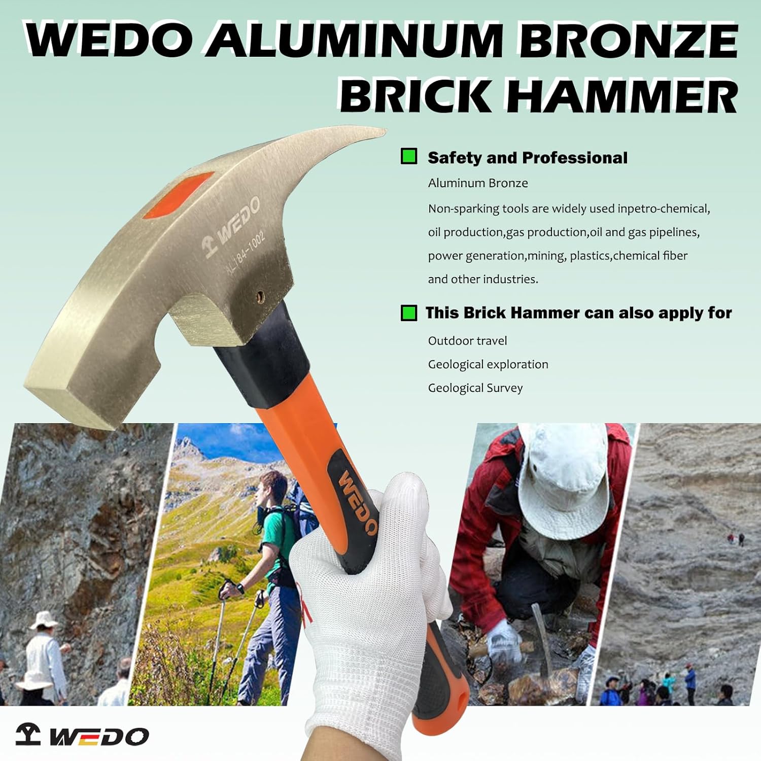 WEDO Rock Pick Hammer,Non-Sparking Geologist Brick Hammer,Head 28oz(800g),Bricklayer's/Mason's Hammer,Length 340mm,Aluminum Bronze,Die-forged Masonary Tool,Fiberglass Handle,BAM Certification