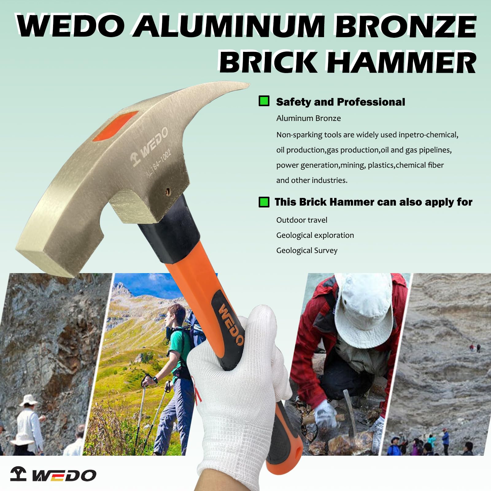WEDO Zestaw 2 szt. młotków do kostek, nieiskrzący młot do cegieł geologów, głowica 28 uncji (800 g), młotek murarski, długość 340 mm, brąz aluminiowy, narzędzie murarskie, uchwyt z włókna szklanego