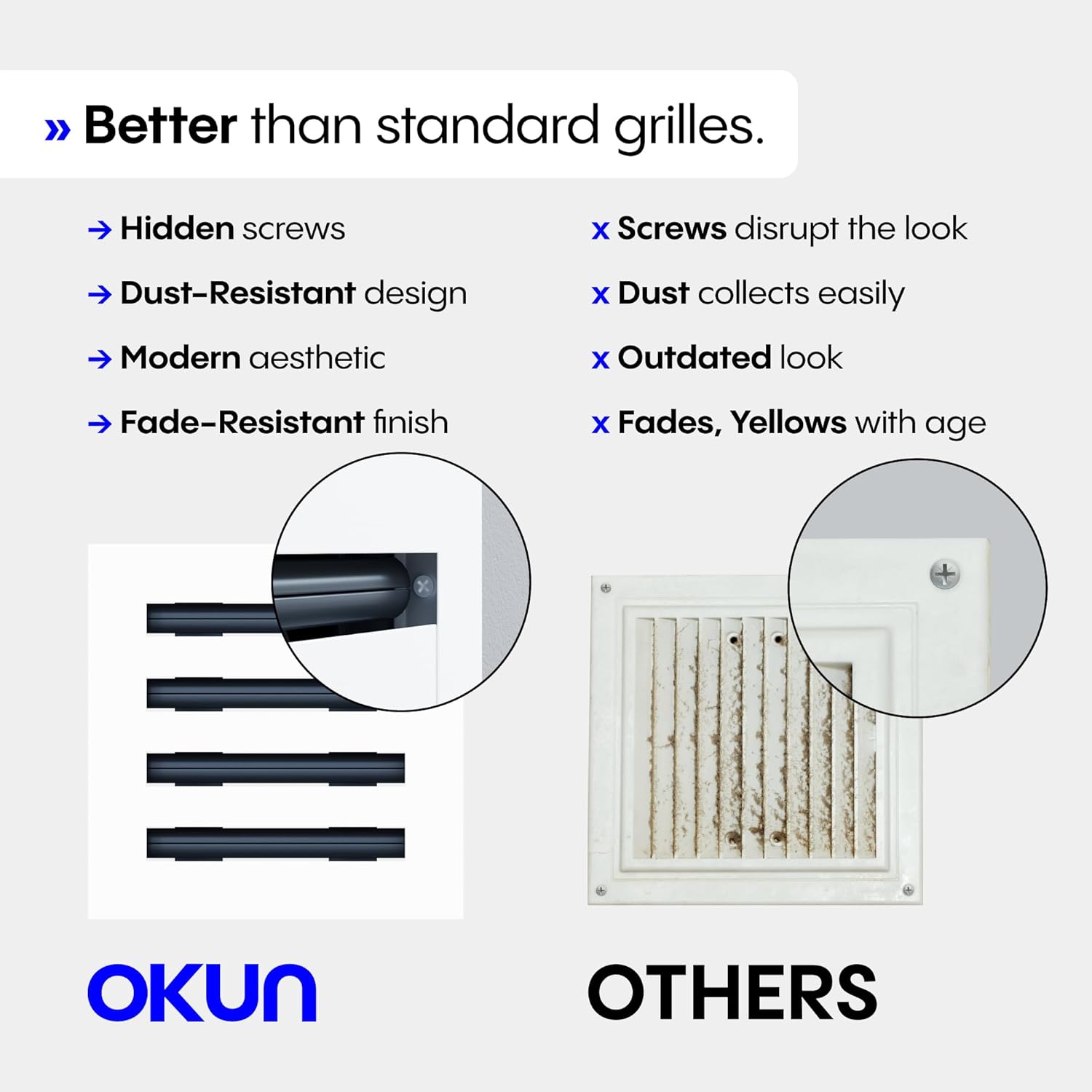 OKUN - Standard Linear Slot Diffuser - 8" x 8" Duct Opening Cutout - 10" x 10" Matte White AC Vent Cover - Concealed Design Register Grille for Ceiling/Walls - Decorative Air Vent