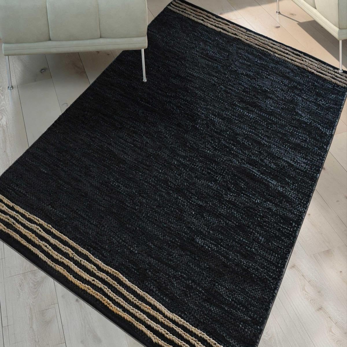 IMPALO Tapis Kilim, 120 X 170 Cm Salon, Cuir Authentique, Motif Simple, Noir, Tissé À La Main en Inde, Texture Kilim, Décoratif, 8239