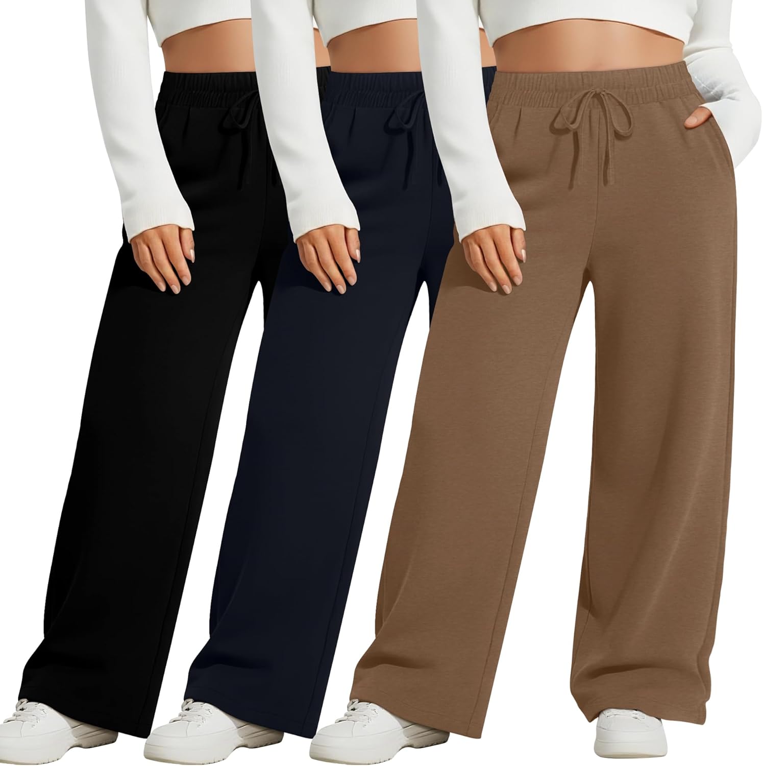 Neer 3 Pack Women's Plus Size Wide Leg Pants, Elastic Waist Lounge Pants with Pockets Drawstring Casual Pj Yoga Sweatpants