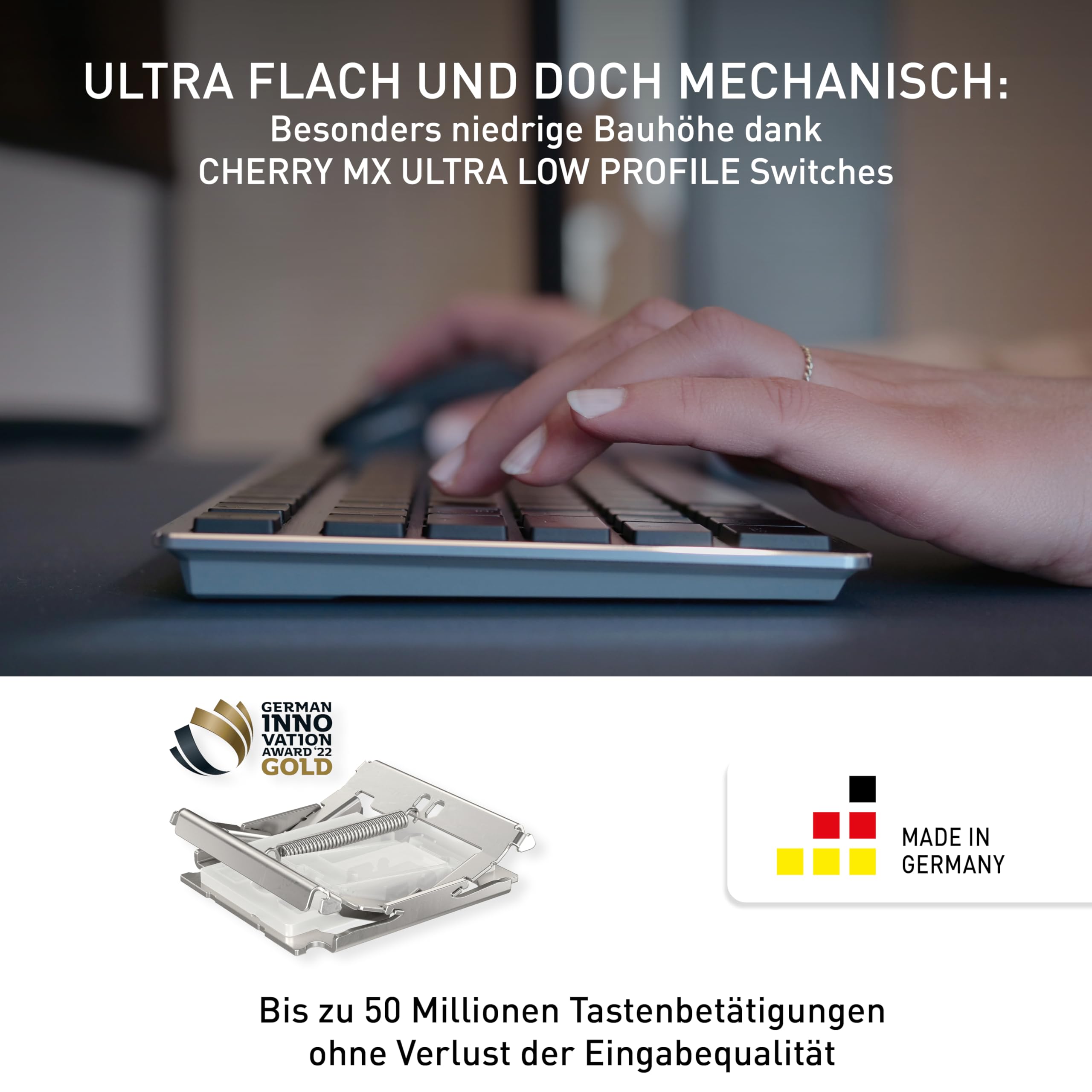CHERRY KW X ULP 2.0 MINI, Ultra Flache Mechanische Kompakt-Tastatur, US-Layout (QWERTY), Für Windows & Mac, Multi-Device-Funktion Für Bis Zu 4 Geräte, Schwarz