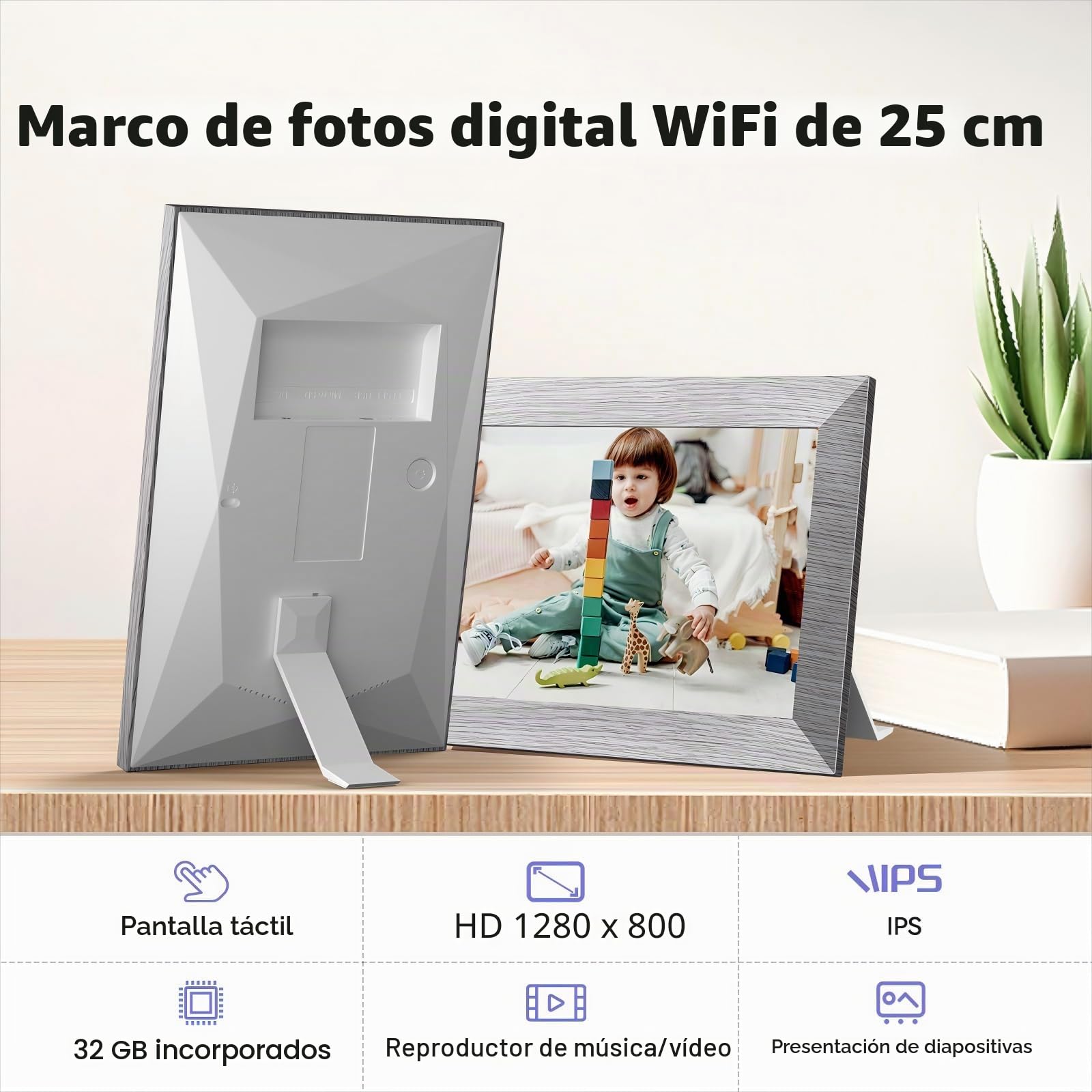 Marco Fotos Digital WiFi de 10.1 Pulgadas, Marco Digital de Fotos Visualización Táctil IPS HD, 32 GB RAM, Función de Rotación Automática, Fácil Configuración para Compartir Fotos/Vídeos via App