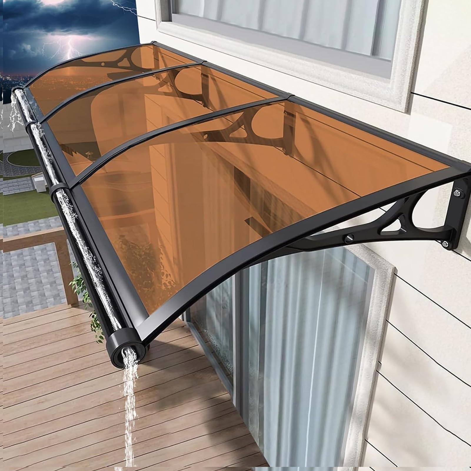 MSHGSKU Brown Door Canopy, Outdoor UV/Rain/Snow Protection Awning, Front Door Overhang with Drainage, Patio Roof with Metal Bracket (100x300cm)