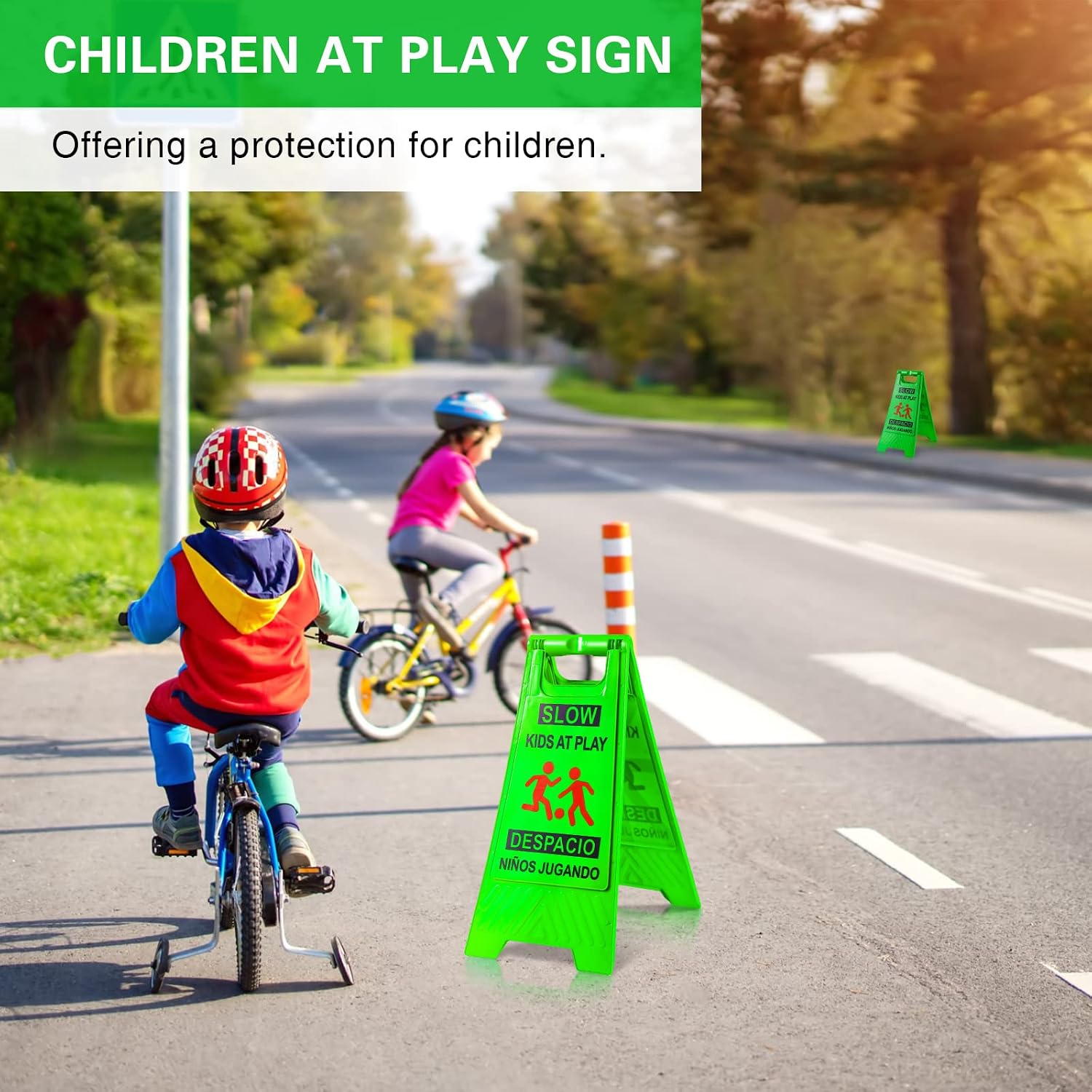 2 Pcs Slow Kids at Play Sign, Children at Play Safety Signs with Double Sided Text and Graphics, Caution Playing Warning Signs for Street Neighborhoods Schools Sidewalk Driveway (Green, Classic)