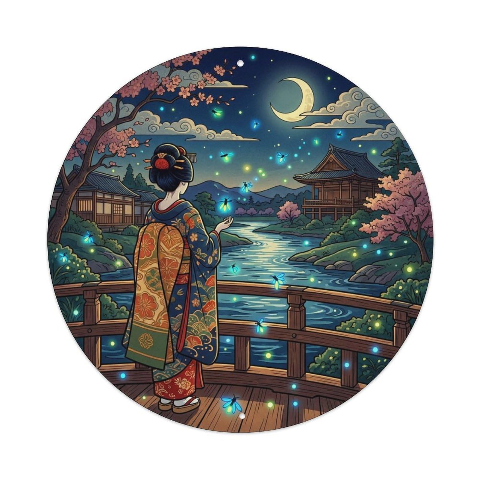 Japanese Firefly Night Geisha Watching Scene Metal Tin Sign