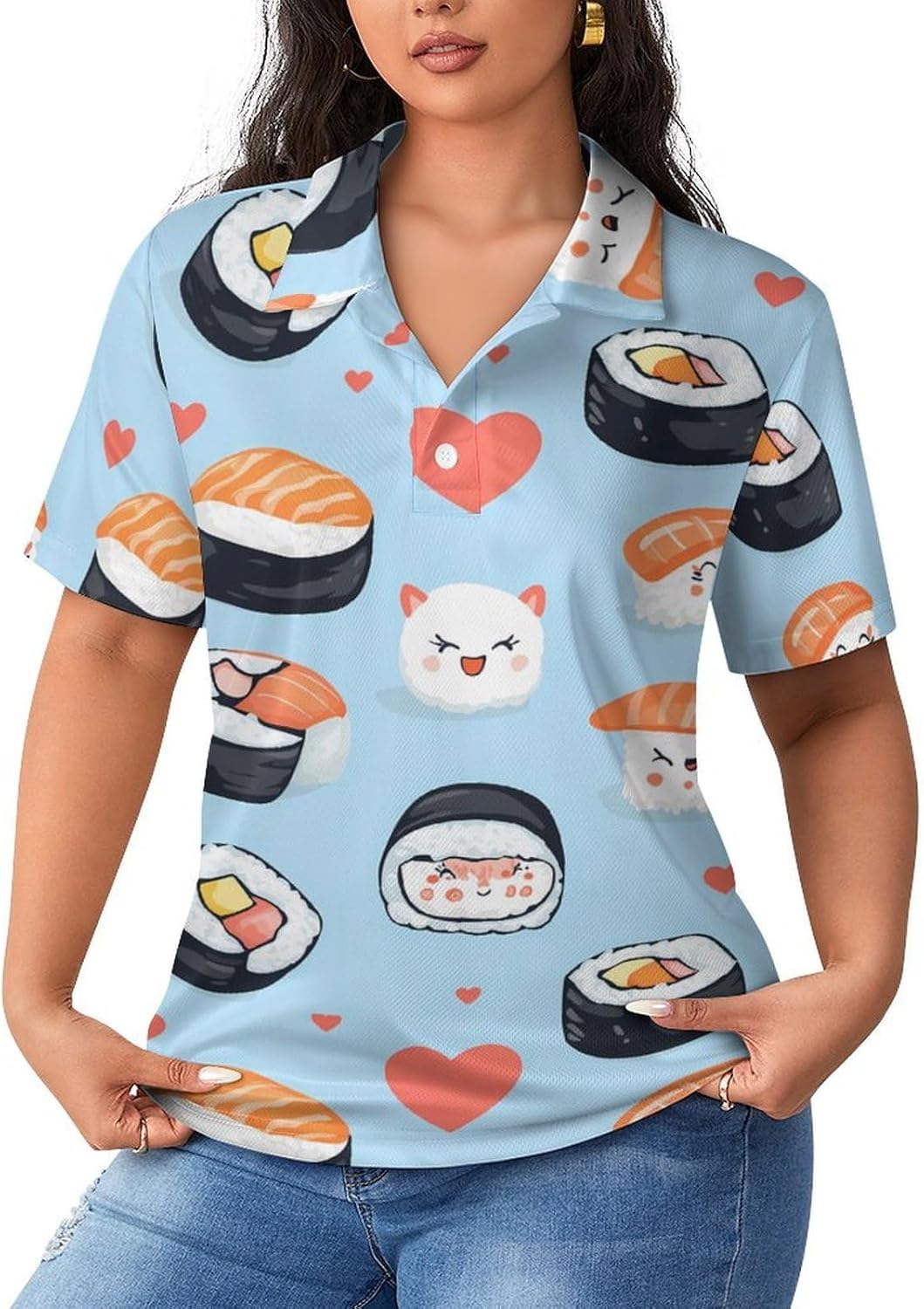 Cute Sushi Womens Golf Polo Shirts Summer Short Sleeve Collared 3 Buttons T Shirt Activewear Tops