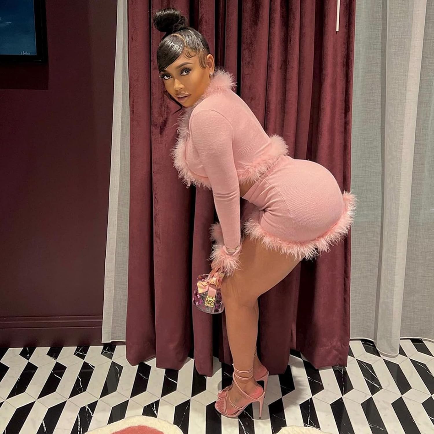 Women Sexy 2 Piece Outfits Rave Tie-up Feather Trim Fur Long Sleeve Cardigan Deep V Blouse - Image 2