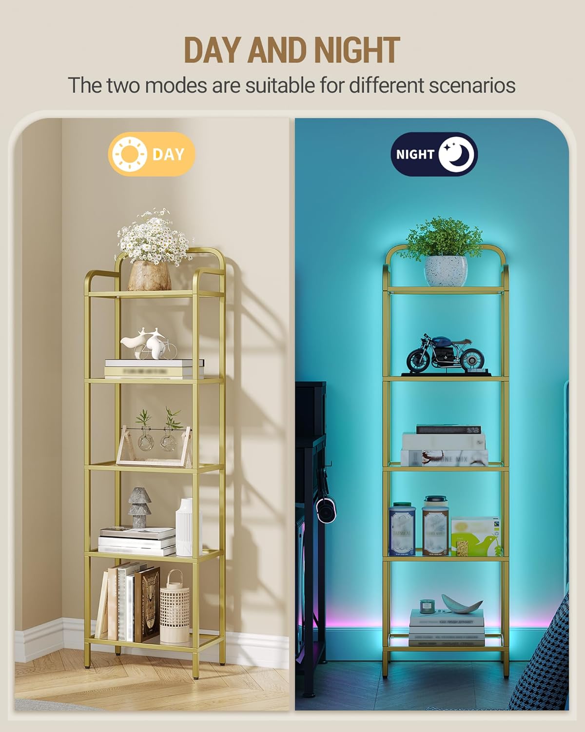 Hzuaneri Bookshelf, Tall Narrow Bookcase with LED Lights, Tempered Glass Bookshelves with Steel Frame, Display Shelf, Slim Shelving Unit for Living Room, Bedroom, 9.6"D x 15.4"W x 55.9"H Gold BC34599G