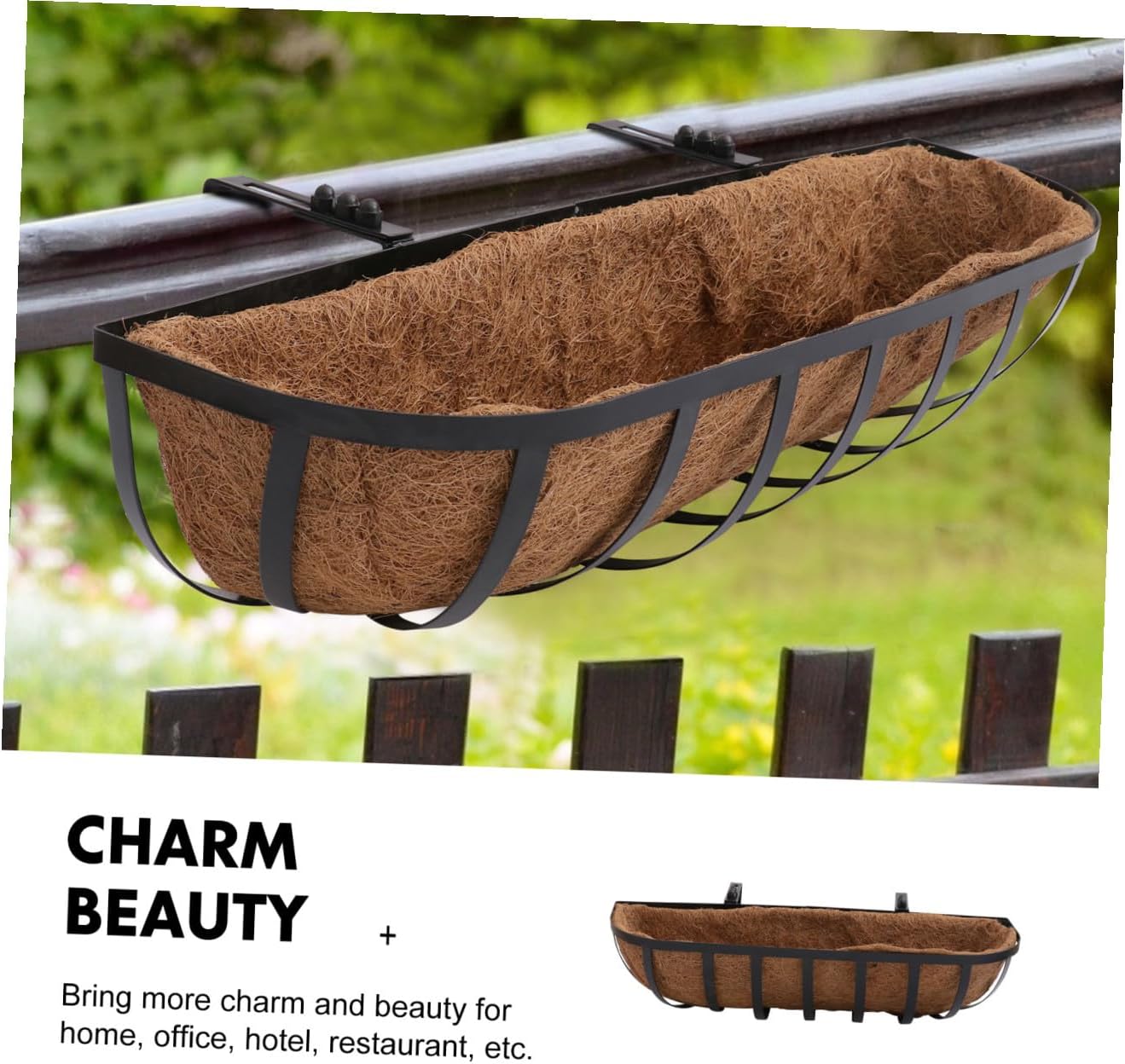 Kichvoe Coconut Palm Hanging Basket 24-inch Iron Flower Container Wall-Mounted Planter Decoration Light Brown for Outdoor Garden Patio