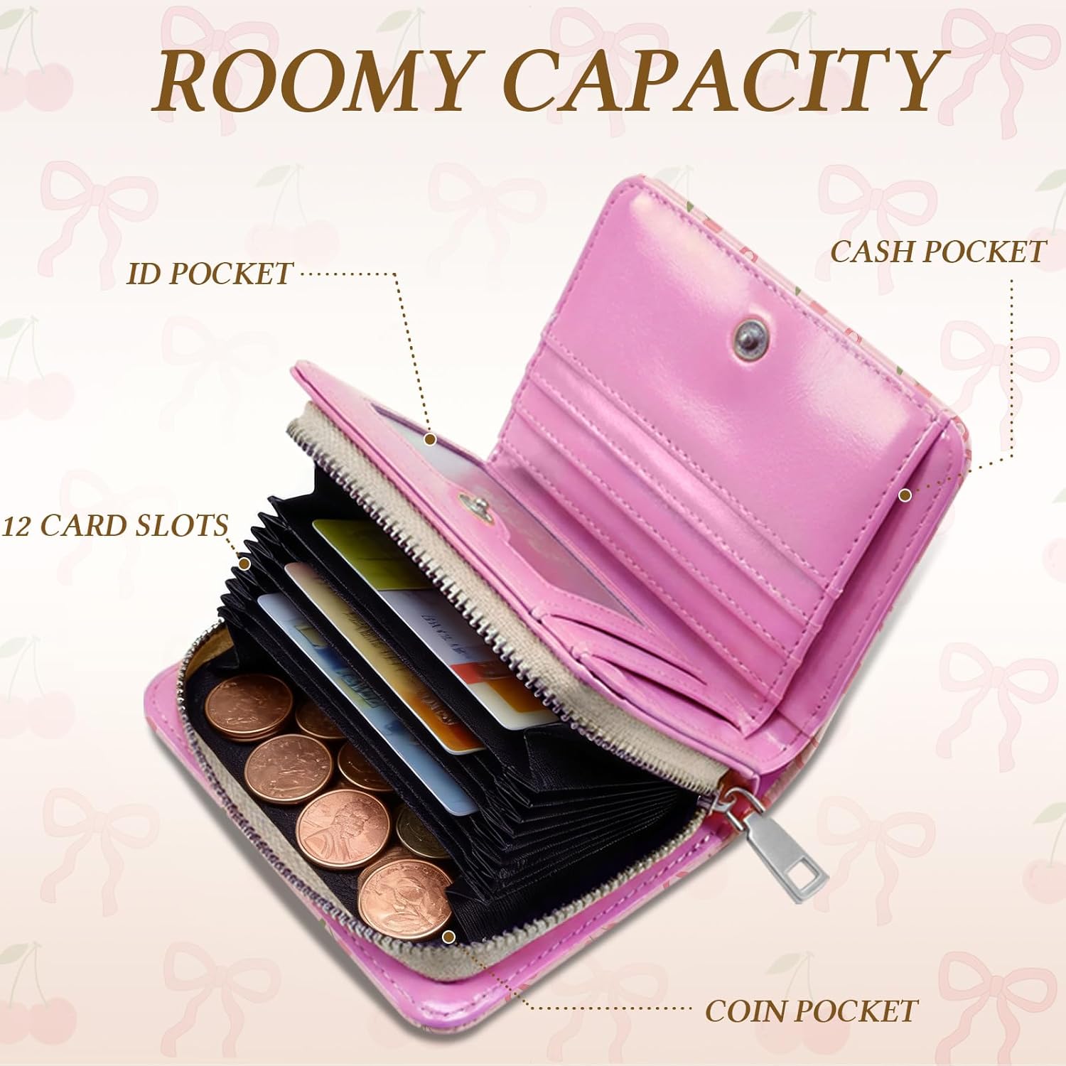 Pink Womens Accordion Wallet, Cute Cherry Bow Wallet, Zipper Accordion Wallets for Women, PU Leather Card Cases Money Organizers Wallets, Credit Card Holder Large Capacity, Gift for Teen Girl - Image 2