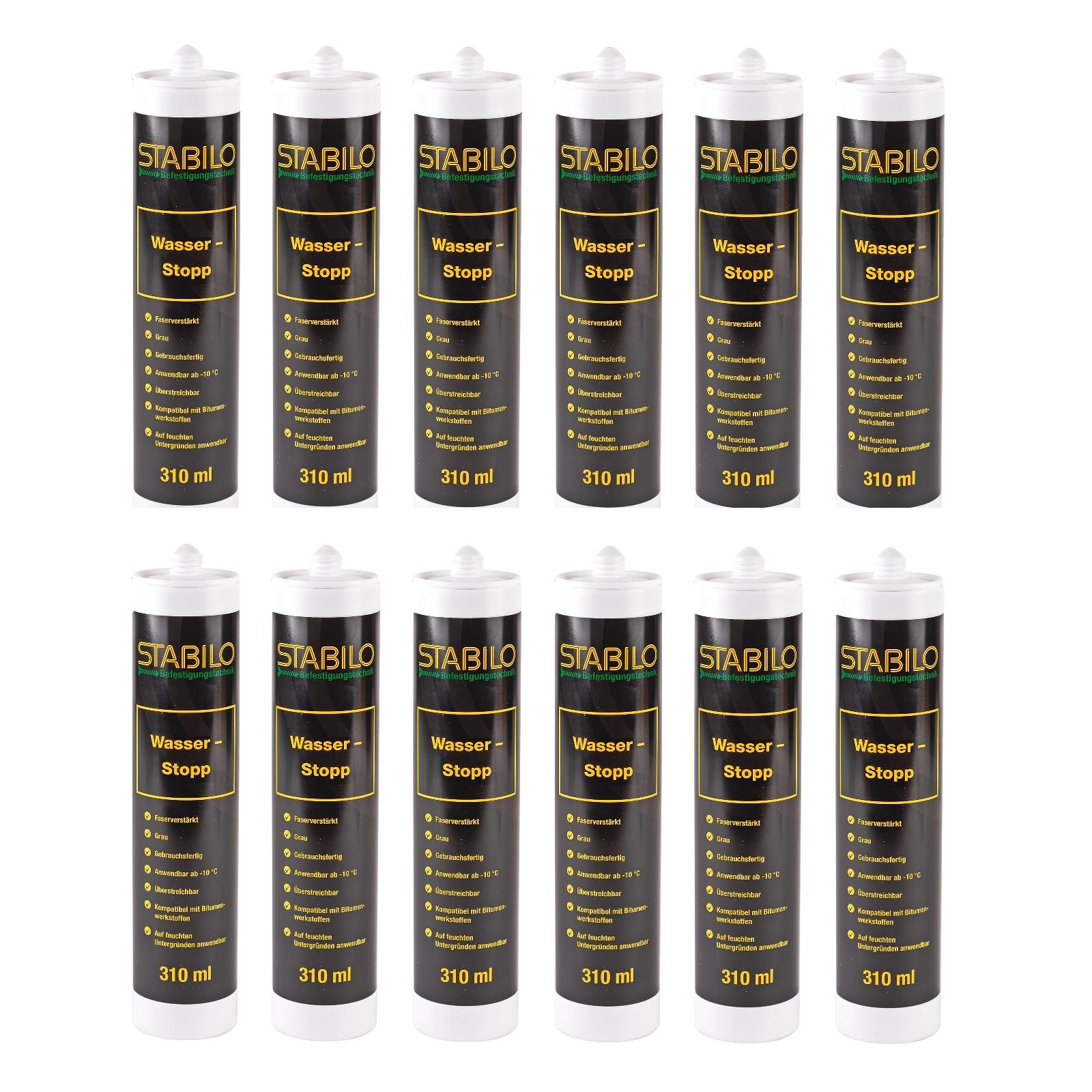 12x Wasser-Stopp 310ml | Universalabdichtung, Faserdichtmasse, Feuchtigkeitssperre für Innen & Außen geeignet | 12 Stück
