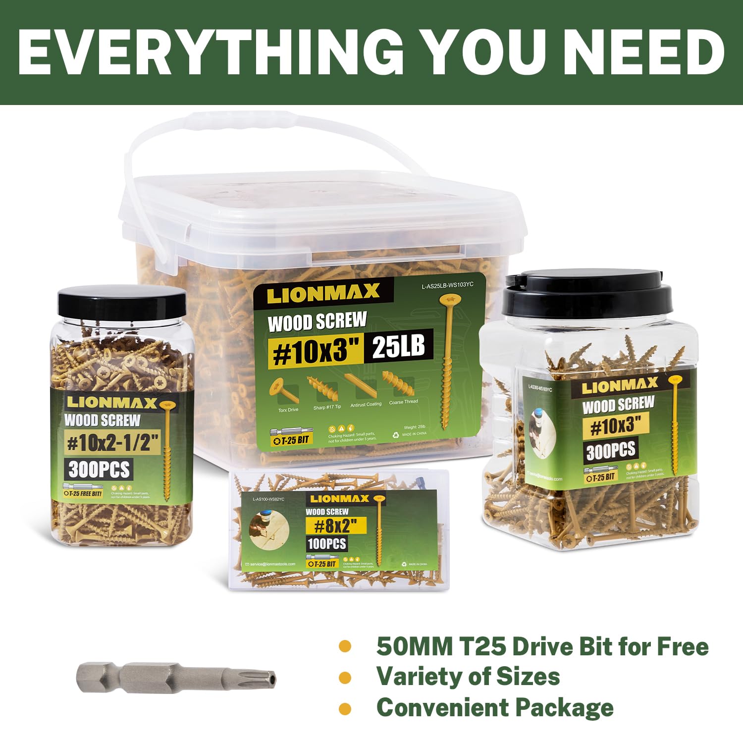 LIONMAX Tornillos para madera de 2-1/2 pulgadas, tornillos de cubierta #8 x 2-1/2 pulgadas, 500 unidades, resistentes a la corrosión, revestimiento epoxi, tornillo de madera exterior, tornillos de
