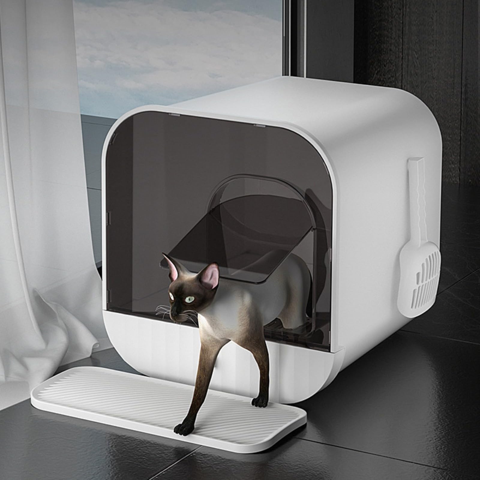 Caja de arena grande para gatos – Bandeja de arena esquinera para gatos – Inodoro profundo de plástico – Casa de arena para gatos – Control de olores y fácil limpieza – Gato dentro de 7,5 kg –