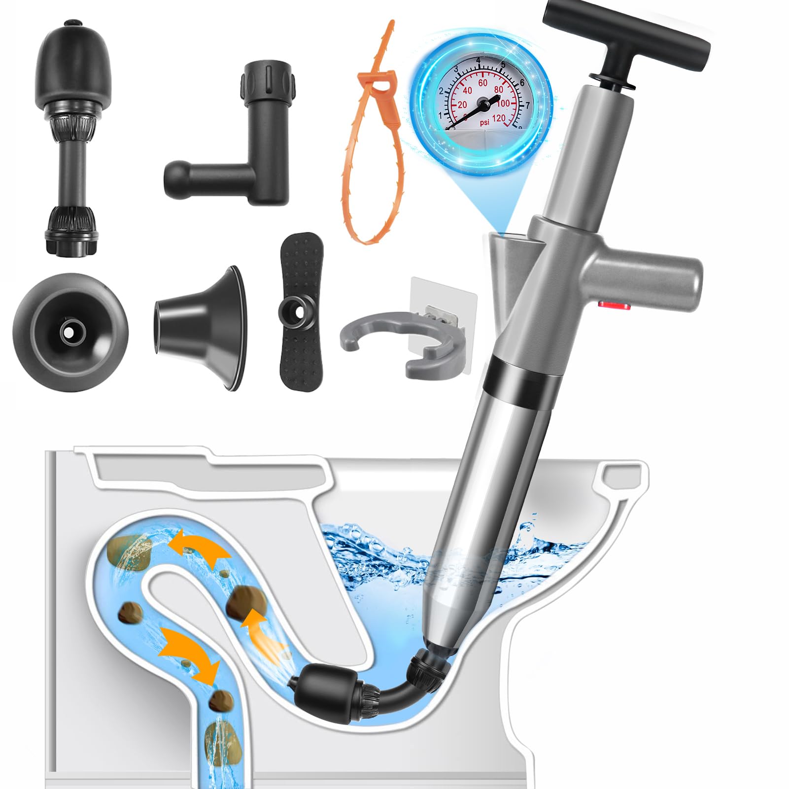 LightingWill Ensemble de déboucheur de toilettes haute pression robuste avec un support et 4 têtes remplaçables, outils de débouchage de toilettes pour déboucher le drain de sol et le bouchon de tuyau