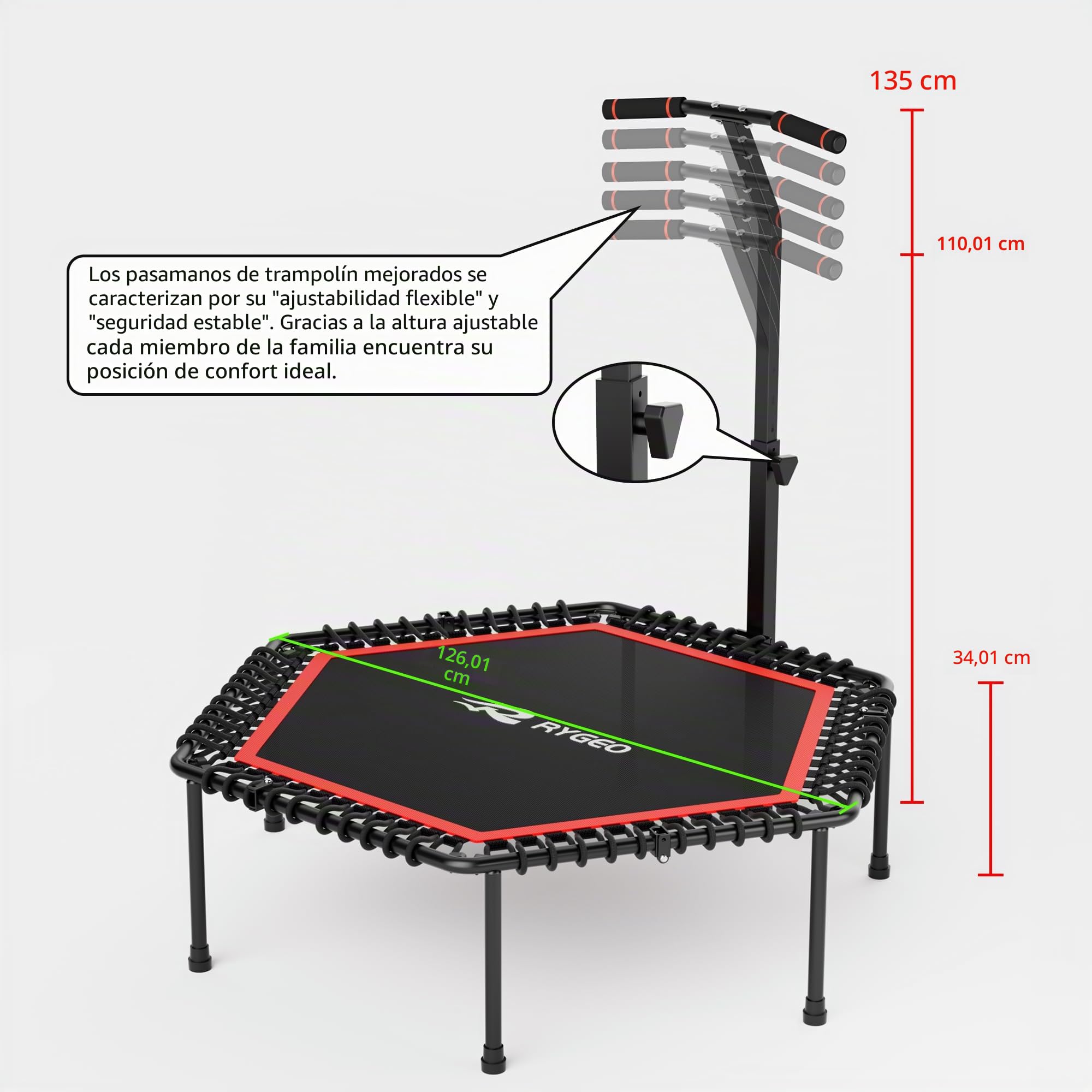 Trampolín de 50 Pulgadas para Adultos, Rebote Interiores y Exteriores con Marco Resistente, trampolín de Fitness elástic para Entrenamiento en casa y Ejercicios Deportivos, Carga máxima de 230 kg