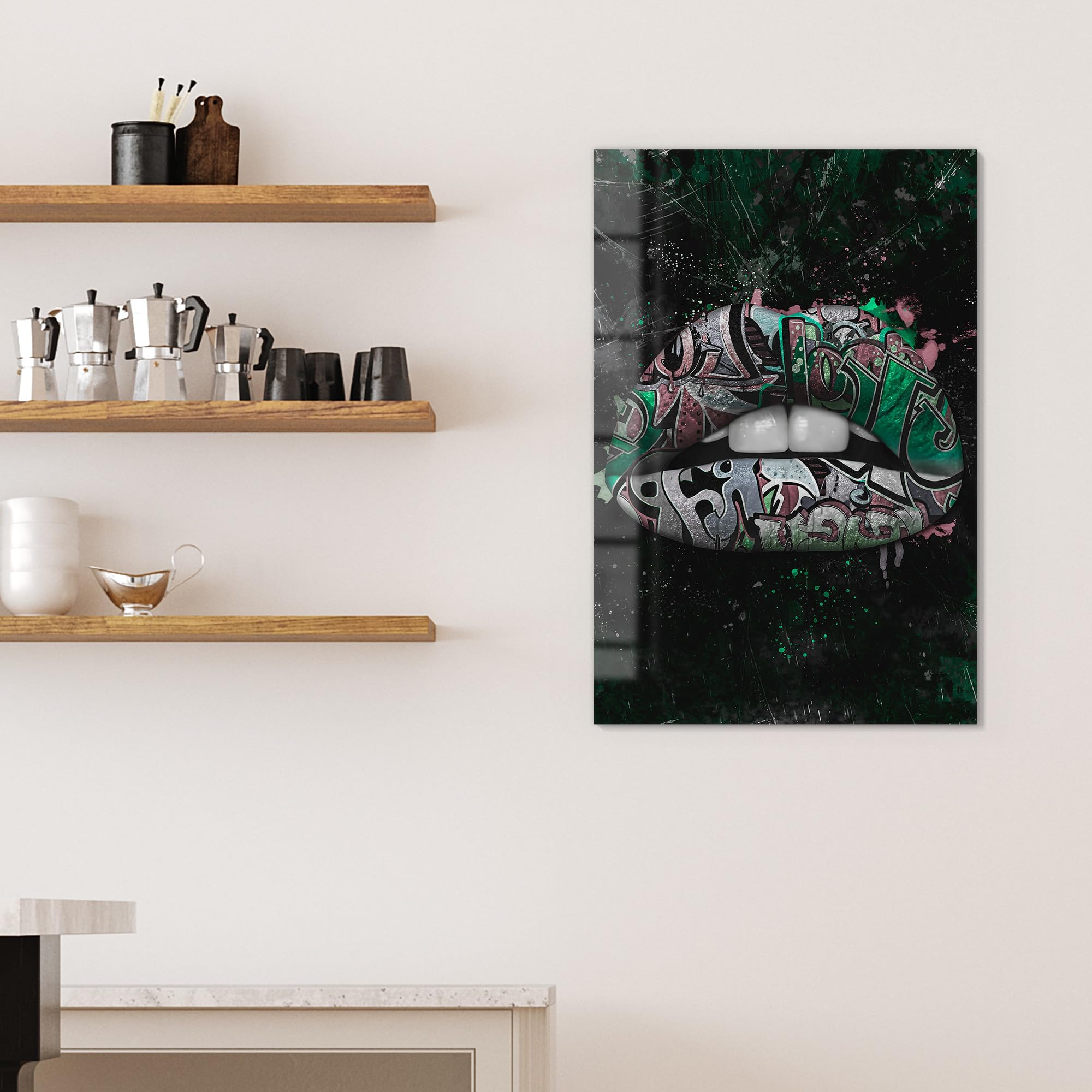 DEQOART Lavagna magnetica in vetro | 60 x 90 cm | motivo "labbra graffiti intensi" | Lavagna magnetica con magneti, penna e panno per cucina e ufficio | Lavagna magnetica e scrivibile