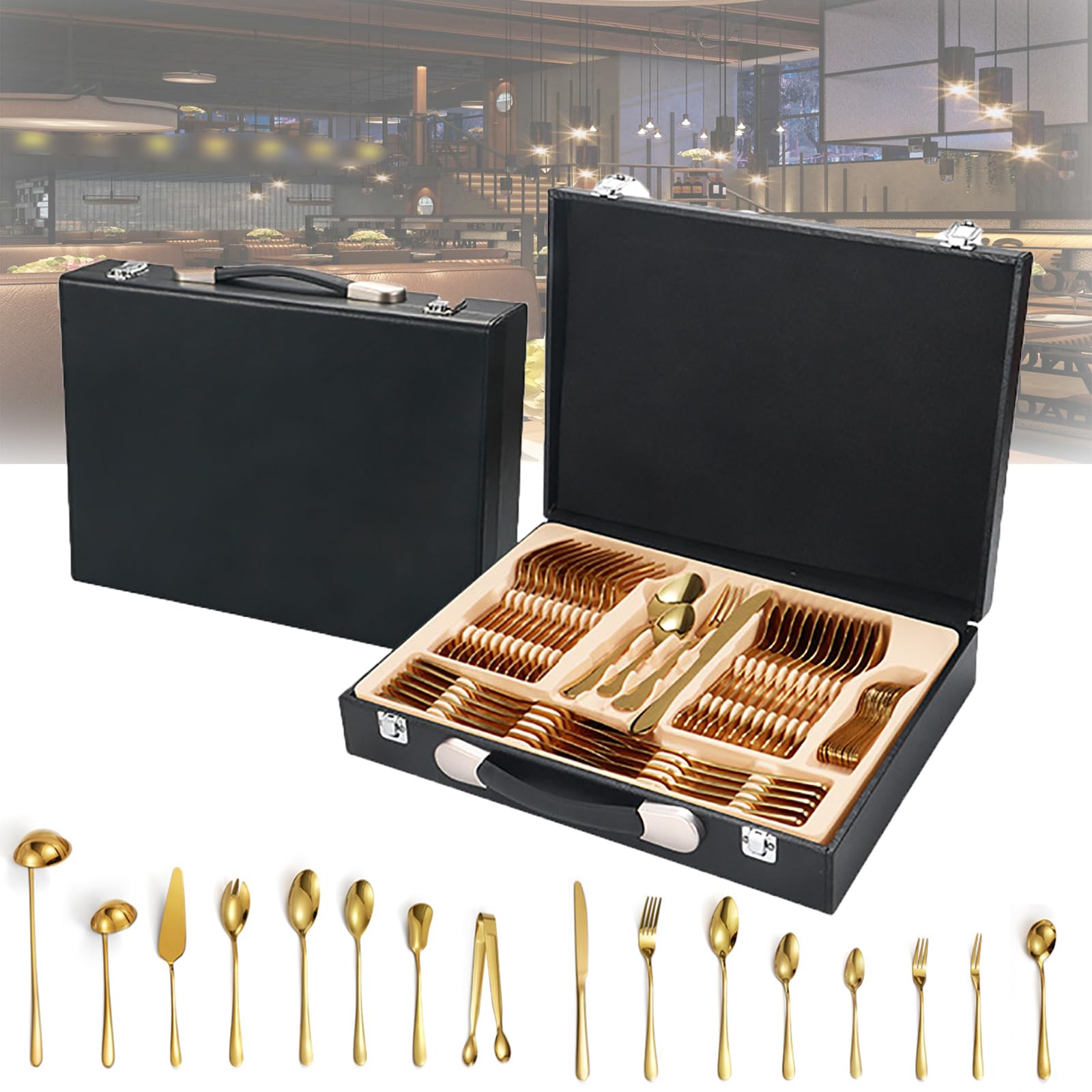 Juego de cubiertos de 84 piezas, juego de cubiertos de acero inoxidable con caja de regalo, servicio para 12, cuchillo de mesa/cuchara y tenedor/cucharadita/tenedor de ensalada