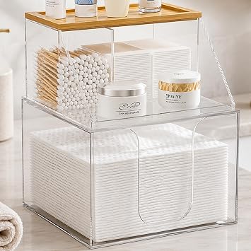 VITVITI Acrylic Disposable Face Towel Holder, 2 Tier Facial Towels Box for XL Clean Skin Club, Face Towels Wipes Container Cotton Pads Q-tip Holder for Bathroom Bamoo Lid, Clear