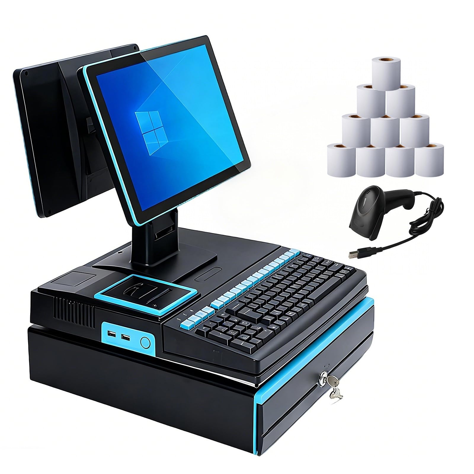 Caja Registradora Nuevo Modelo 2026 – Sis-tema Tpv Todo En Uno Con Pantalla Táctil Simple/Doble,Incluye Lector, Teclado,Impresora Tickets,10 Rollos Papel,Tpv Esencial Para Comercios Blue-DualScreen