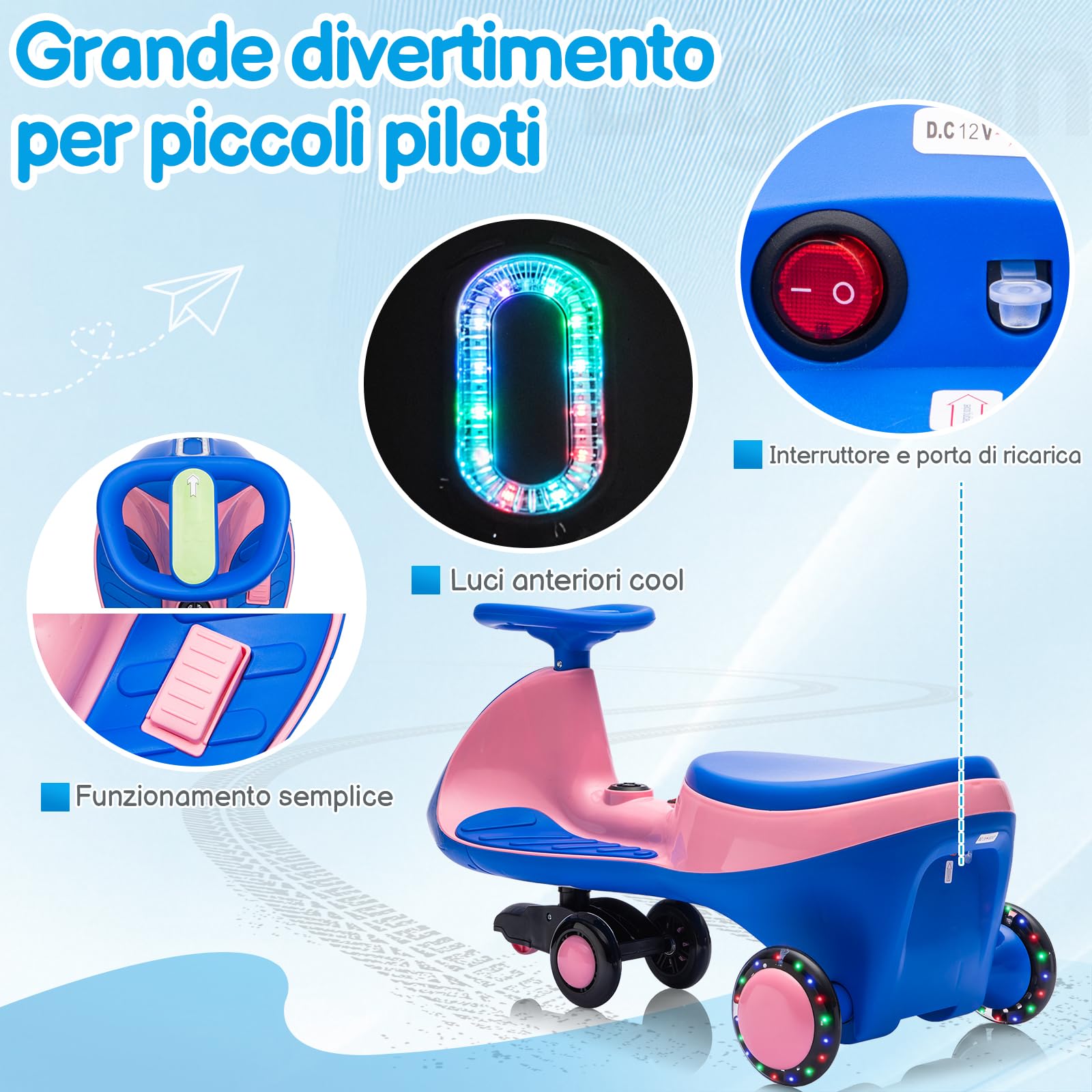 LALAHO Macchina Elettrica Per Bambini 12 V con Pedale, Auto Elettrica con 2 Velocità, Luci LED, Bluetooth, Protezione Antiribaltamento, 3 Anni in su (Blu-rosa)