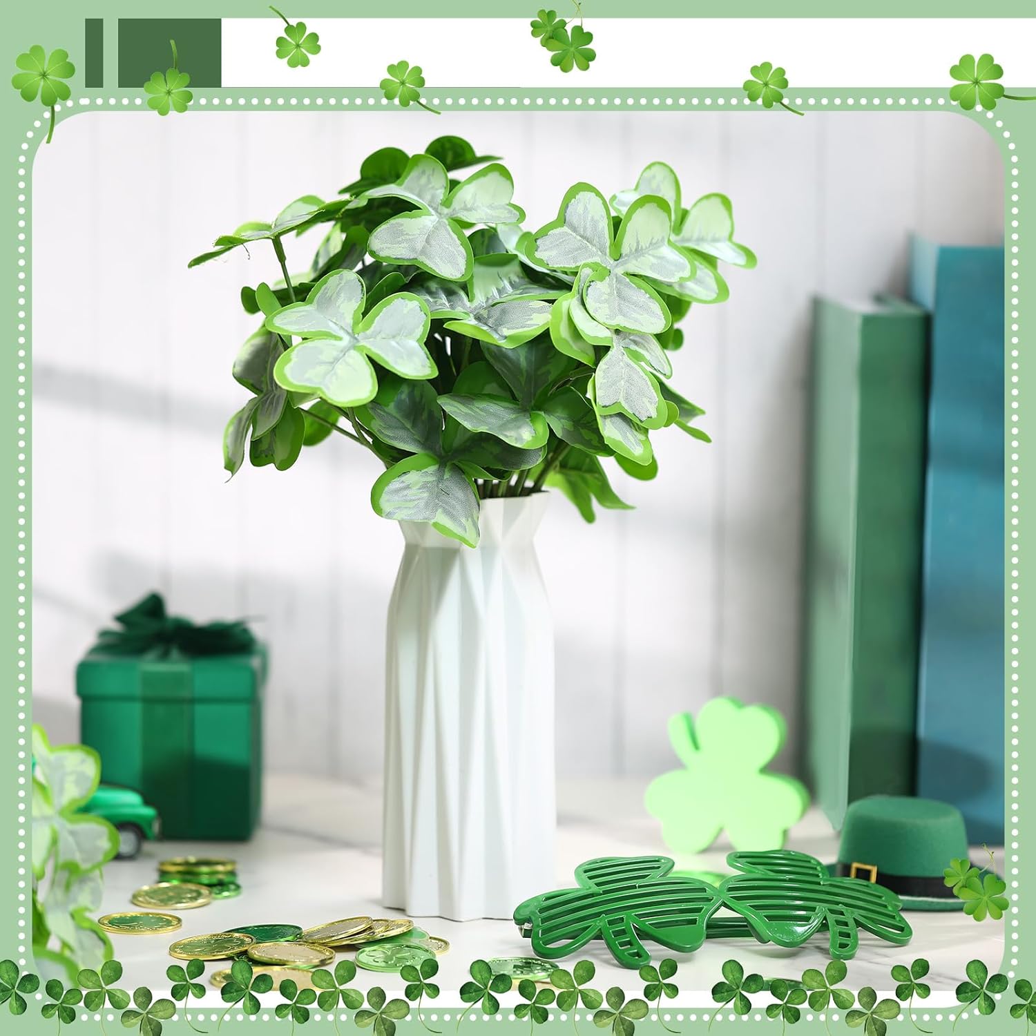 12 Bunch Artificial Shamrock Plants Bulk 10.2" St. Patricks Day Clover Greenery Lifelike Faux Shamrock Plant DIY St Patrick Day Flower Bush for Office Home Garden Farmhouse Wedding Vase Decor