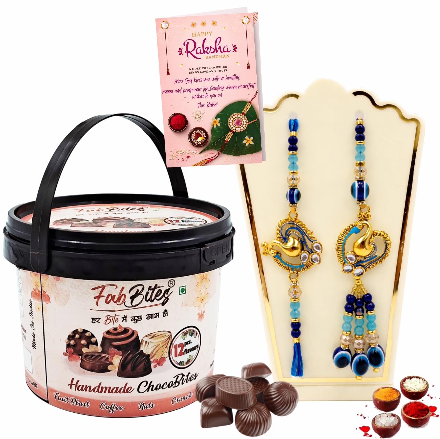 Rakhi Set for Brother and Bhabhi with Chocolate Gift Hamper Box 12 Variety-Peacock Evil Eye Lumba and Designer Rakhi Combo for Bhabhi and Bhaiya/Bhai, Rakshabandhan Gift Hamper with Roli,Chawal,Greeting Card-image-0