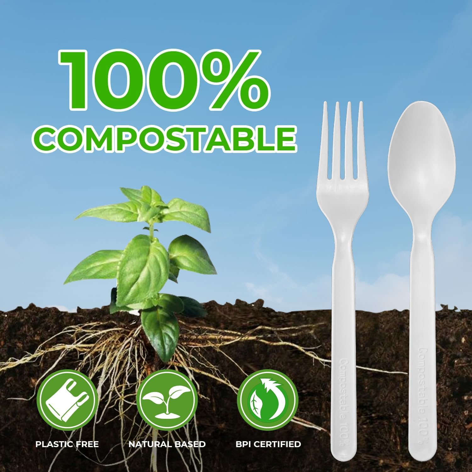 550 Count Compostable Forks and Spoons Disposable Compostable Cutlery Set Heavy Duty Fork Spoon Bulk Cornstarch Biodegradable Silverware No Plastic HeavyWeight Forks Spoons Utensils