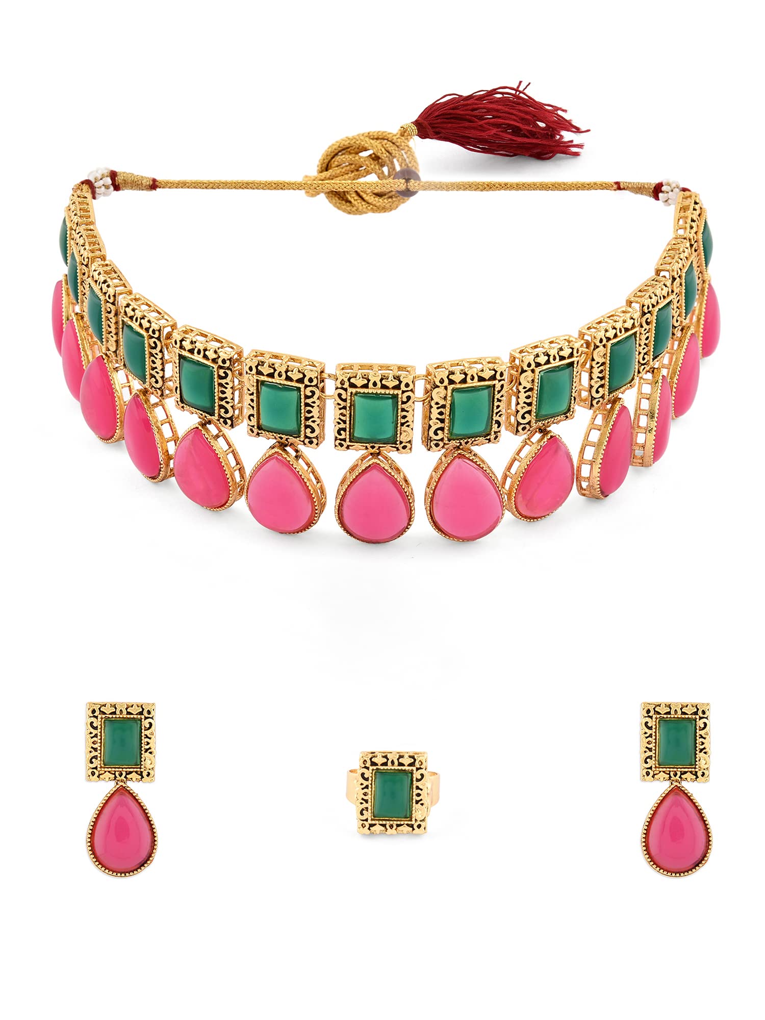 ZAVERI PEARLS Pink & Green Stones Antique Teardrop Necklace Earring & Ring Set For Women-ZPFK15891 (B0C4TWCDDY) Amazon Price History, Amazon Price Tracker
