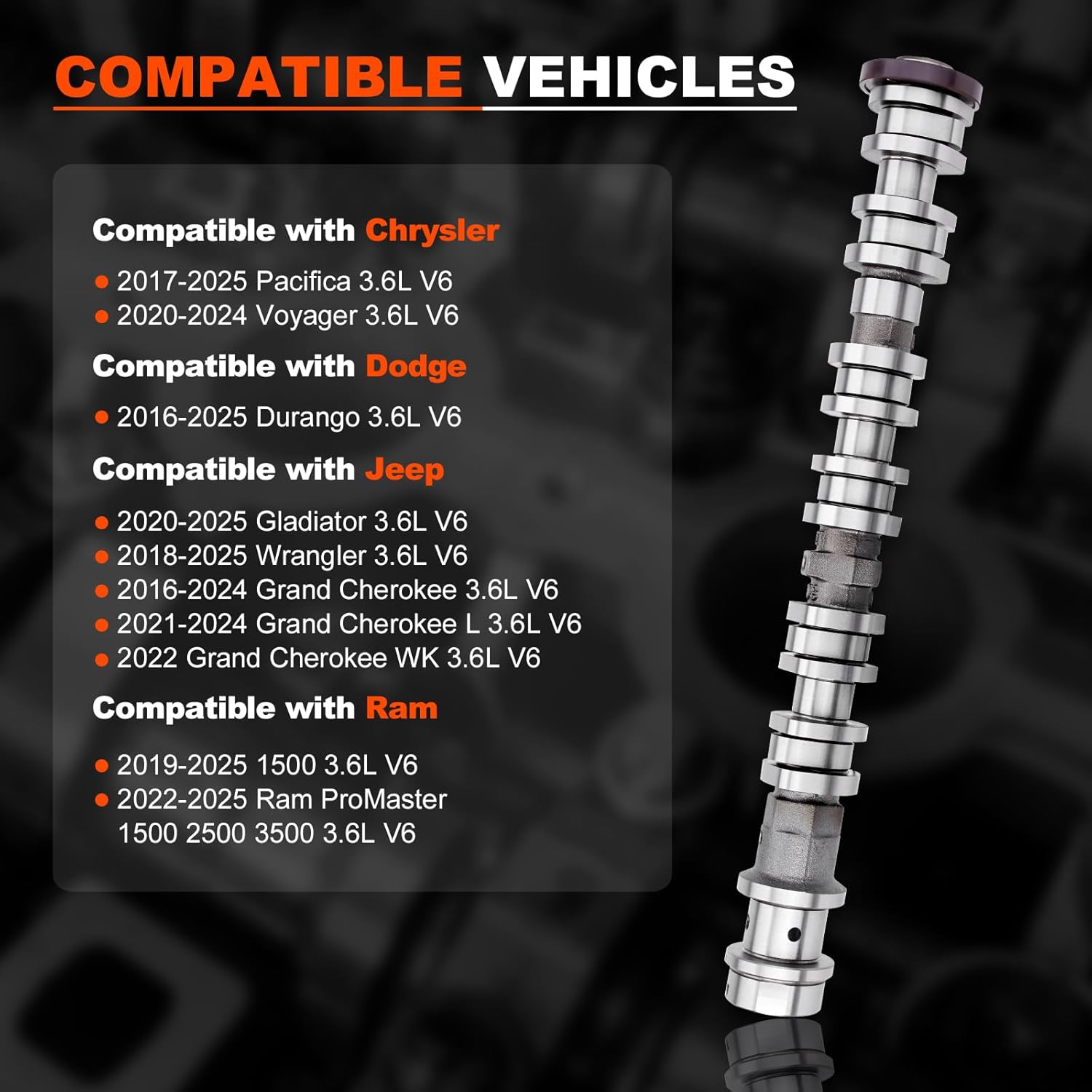 Left Side Intake Camshaft 5047912AD Compatible with Dodge Durango, Chrysler, Jeep Wrangler Grand Cherokee, Ram 1500 3.6L V6 Engine Replaces for 5047912AA 5047912AB 5047912AC