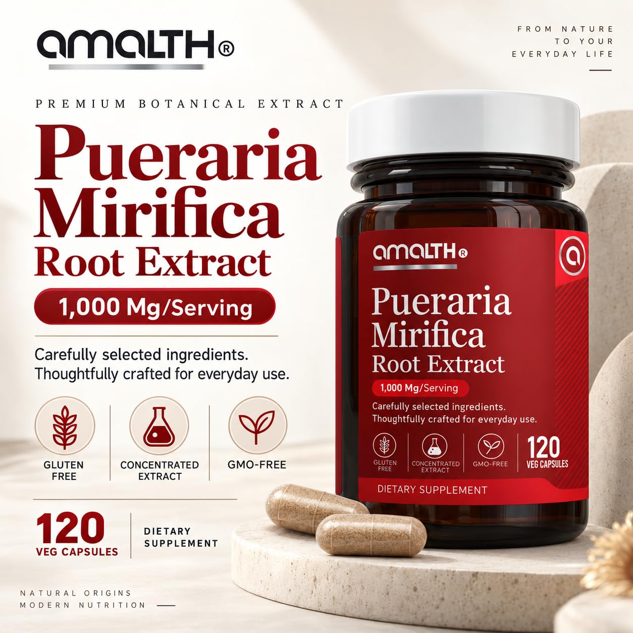 AMALTH Pueraria Mirifica Capsules 1000mg, 25:1 Root Extract - Plant Estrogen Supplement for Women, Men and MTF - Natural Phytoestrogen, White Kwao Krua - 120 Vegetarian Capsules, Gluten Free, Non-GMO — Amazon image 3
