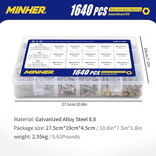 Miniatura 5 de MINHER Kit surtido de 1640 tornillos y tuercas M4 M5 M6, tornillos hexagonales de acero de aleación de grado 8.8, tuercas y arandelas, incluye 15