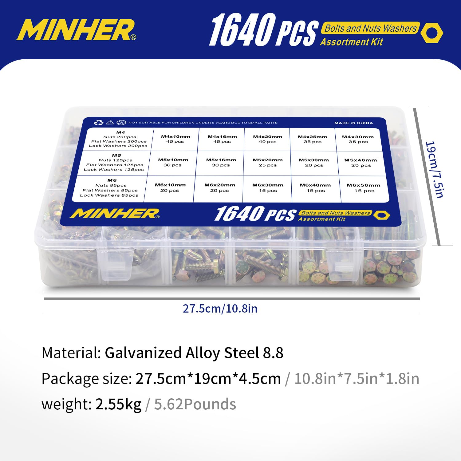MINHER 1640 Pcs M4 M5 M6 Bullone Esagonale Bulloni e Dadi Rondelle piane e rondelle elastiche set in Acciaio legato di grado 8.8