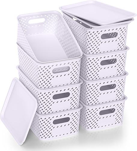 Miniatura 14 de Contenedores de almacenamiento de plástico con tapa, cesta pequeña apilable para organización y contenedores para estantes, cajones, escritorio,