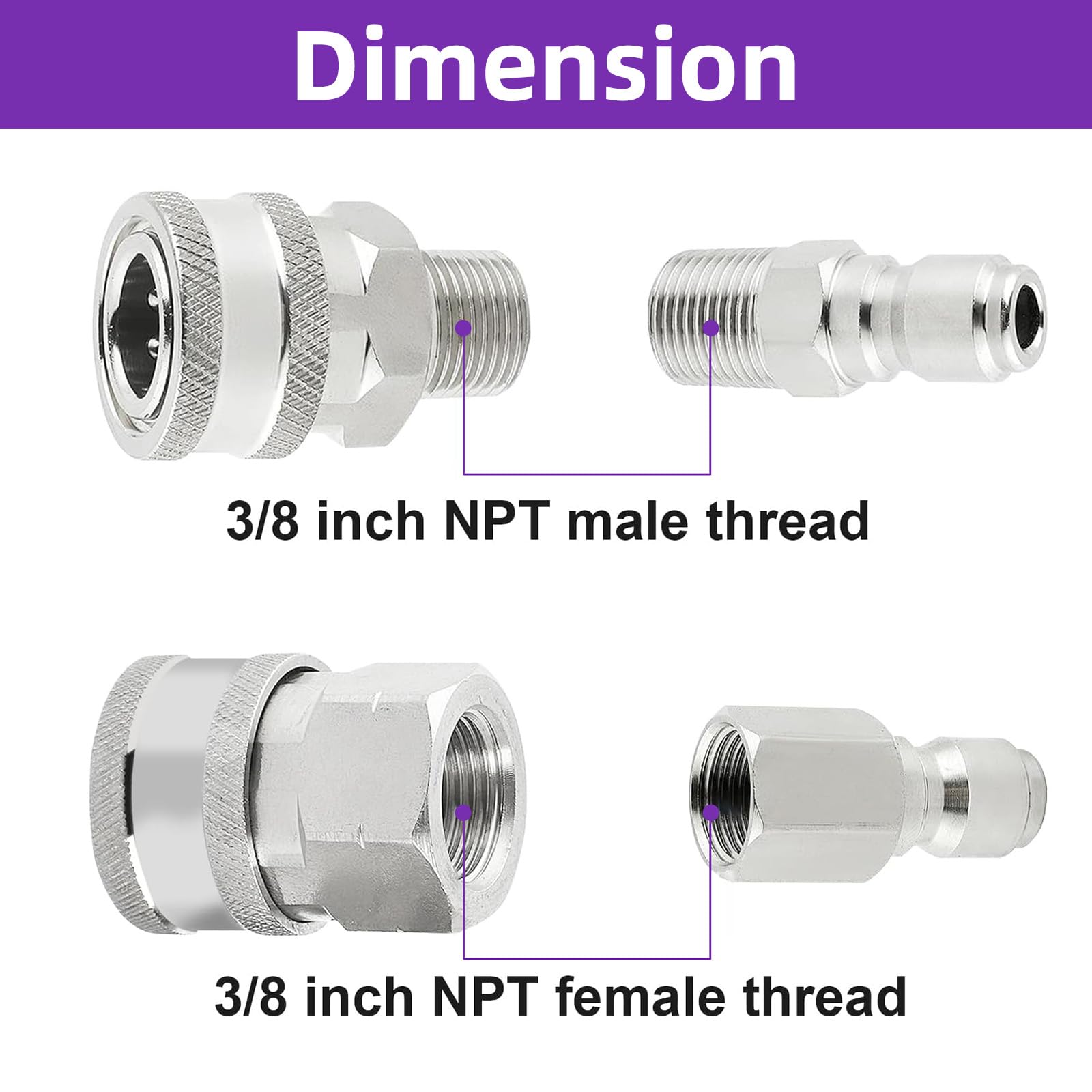 Lavadora a presión de conexión rápida en tamaño de 3/8 pulgadas, compuesto por accesorios de lavado a presión, un juego de adaptadores de acero inoxidable con roscas hembra y macho, 8 piezas en total.