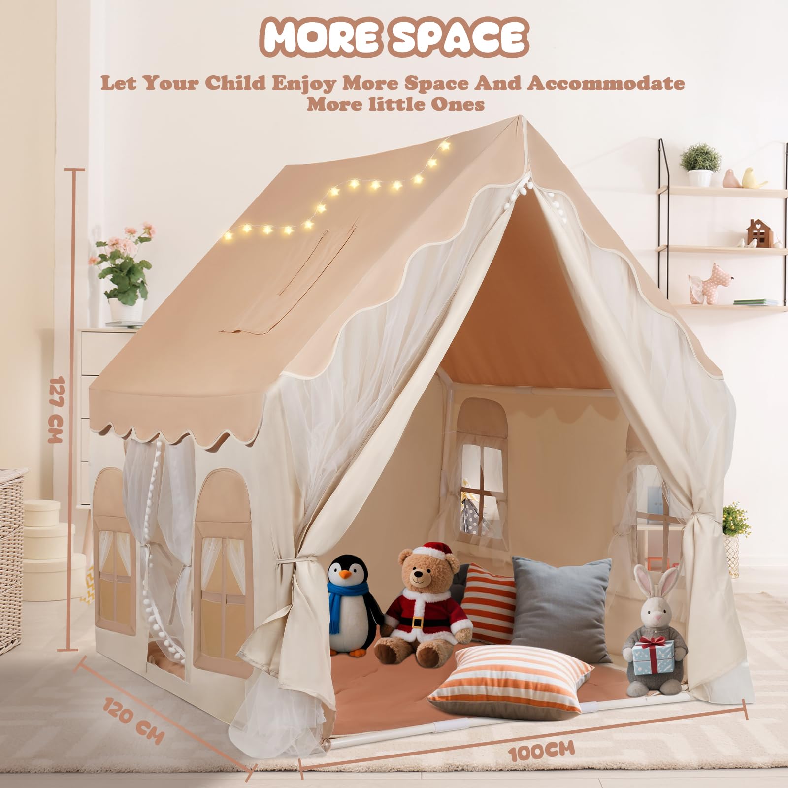 snookids Tienda para niños - Casa de Juego Interior con Alfombra, Luces, Colgantes de arcoíris y Bandera Estrellas, Tienda Juego para la decoración de la habitación niños y niñas
