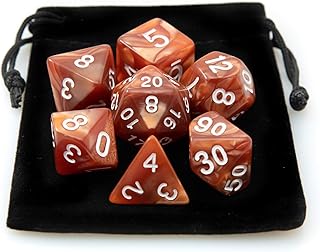 Kit 7 Dados RPG de Mesa D&D Opaco Perolado D4 D6 D8 D10 D10% D12 D20 Cor MARROM + 1 Bolsa