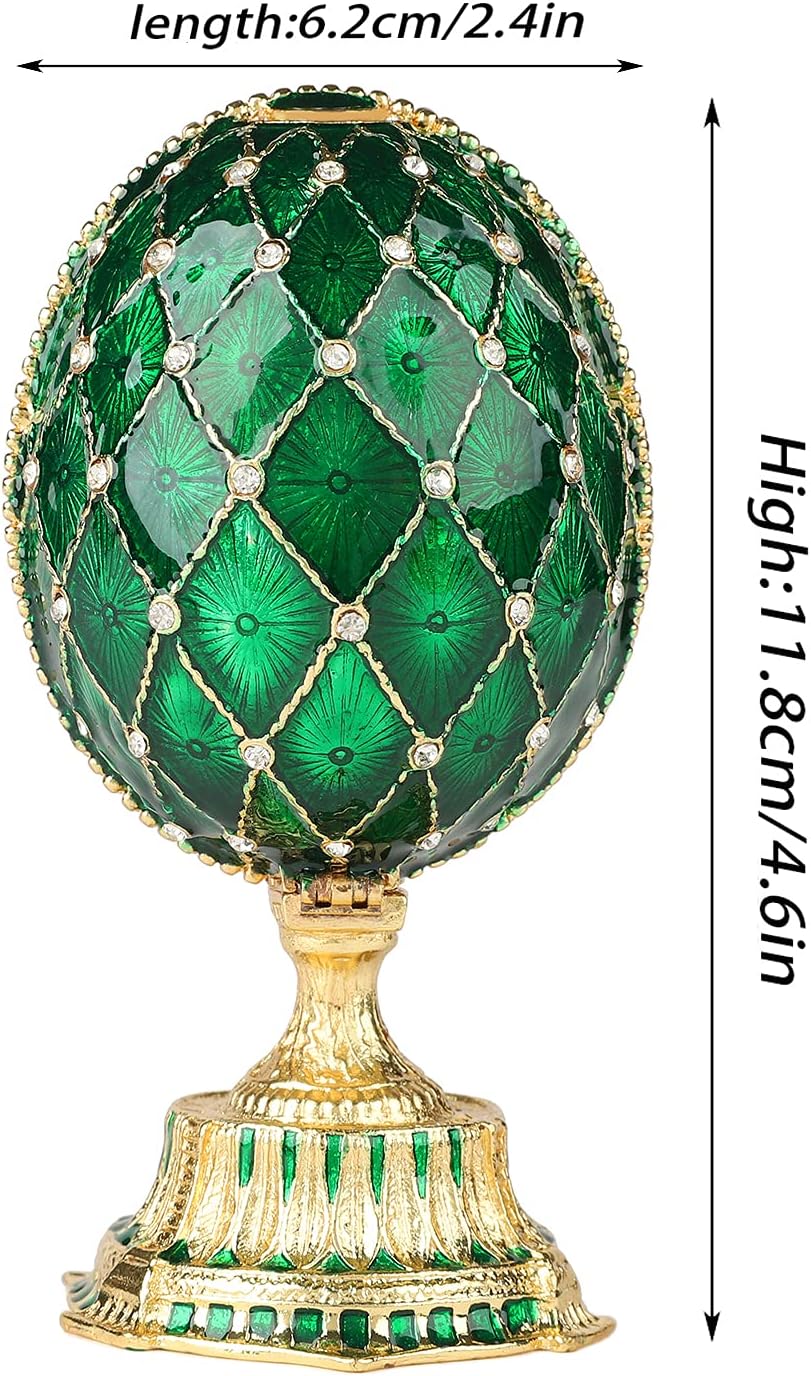QIFU Vintage Easter Egg Style Green Enameled Trinket Box with Mini Crown Unique Gift for Family