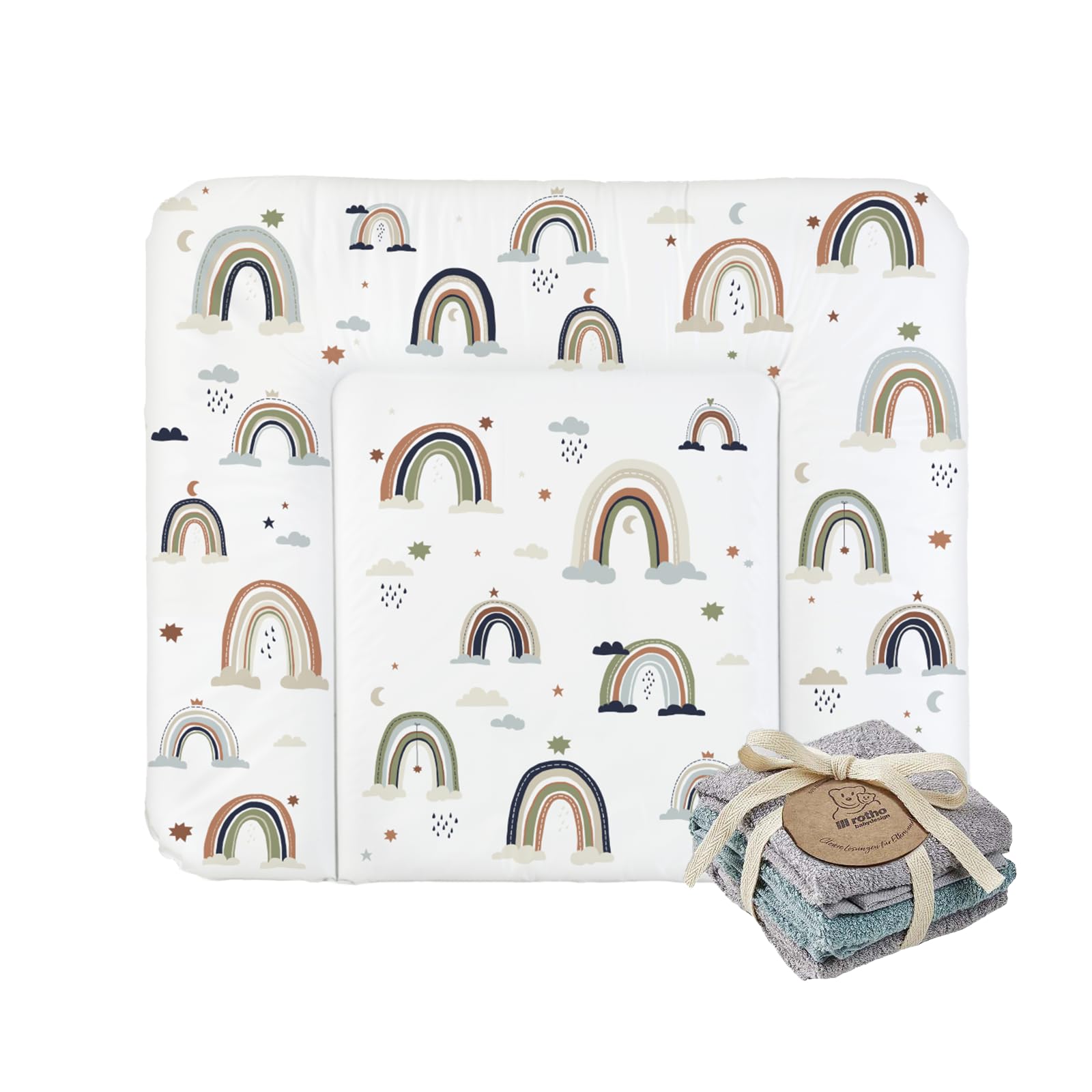 Wickelauflage Keil, Boho Rainbow, mehrfarbig + Rotho Babydesign Waschtücher 3er Set